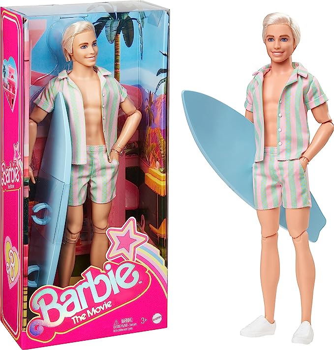 Barbie Ken Doll Wearing Pink and Green Striped Beach Outfit